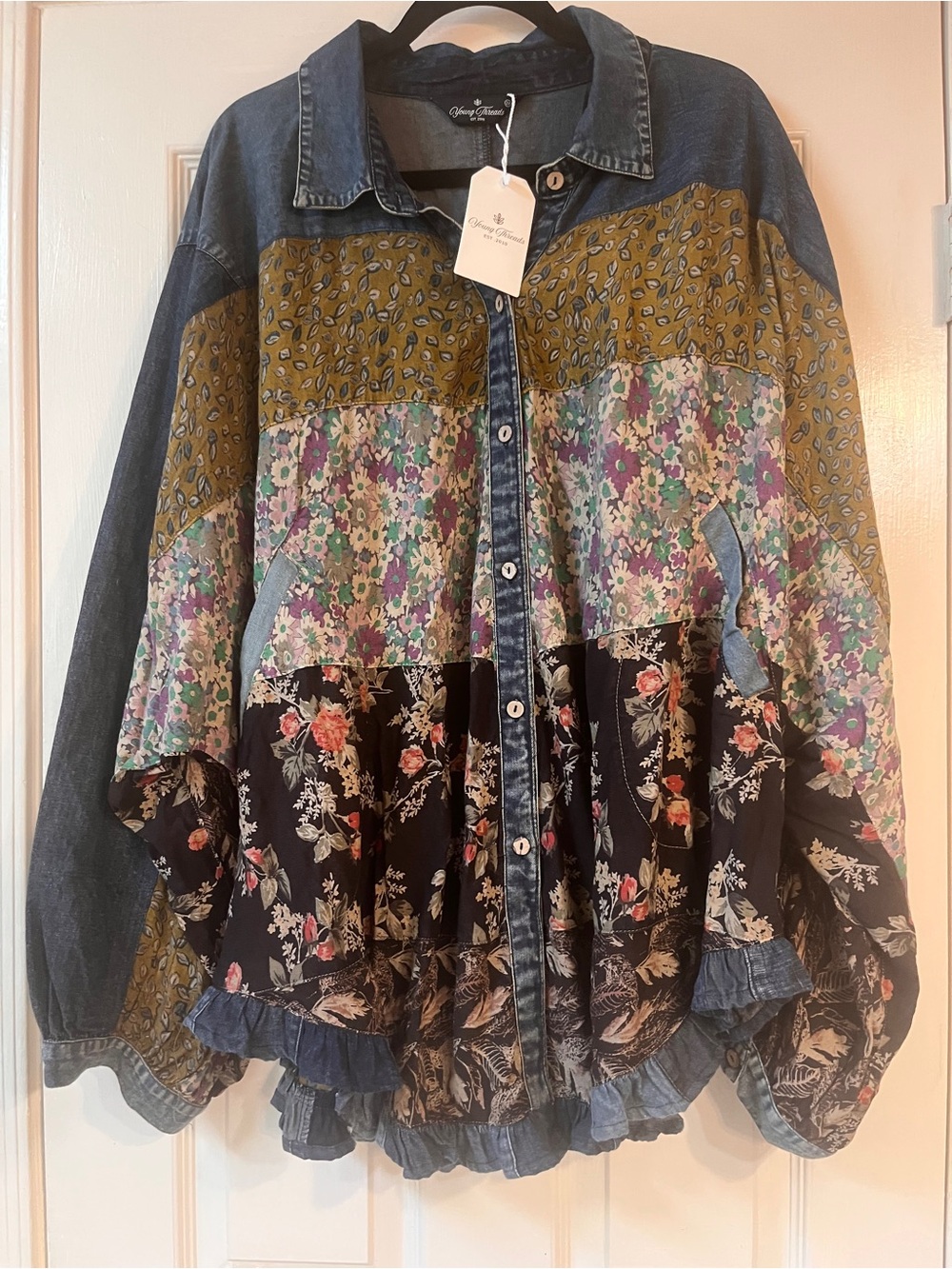 NWT Young Threads Patchwork Denim Jacket/shirt - Multicolor